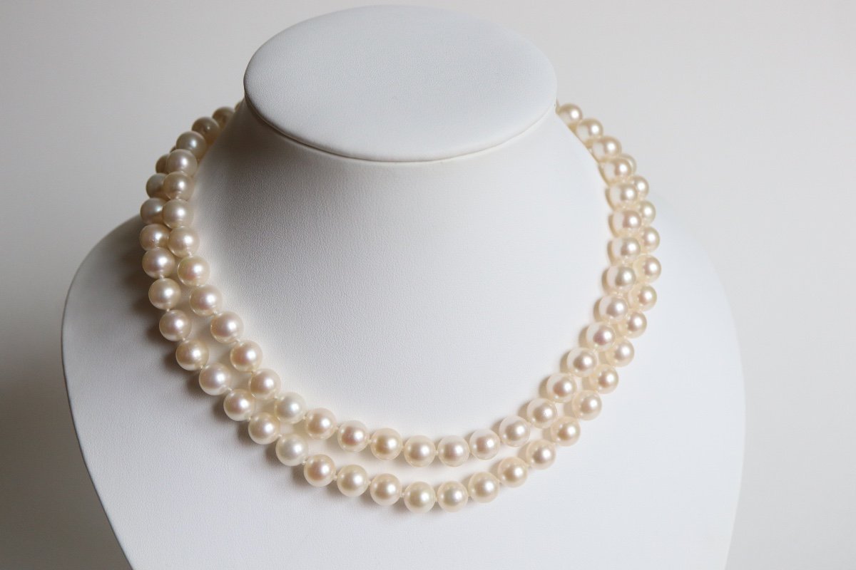 Two Row Pearl Necklace With Diamond Clasp In 18k Gold-photo-4