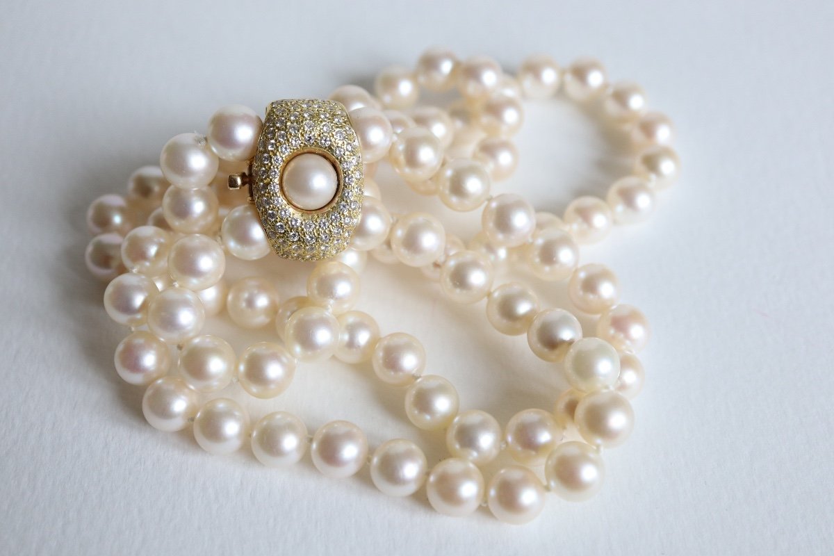 Two Row Pearl Necklace With Diamond Clasp In 18k Gold