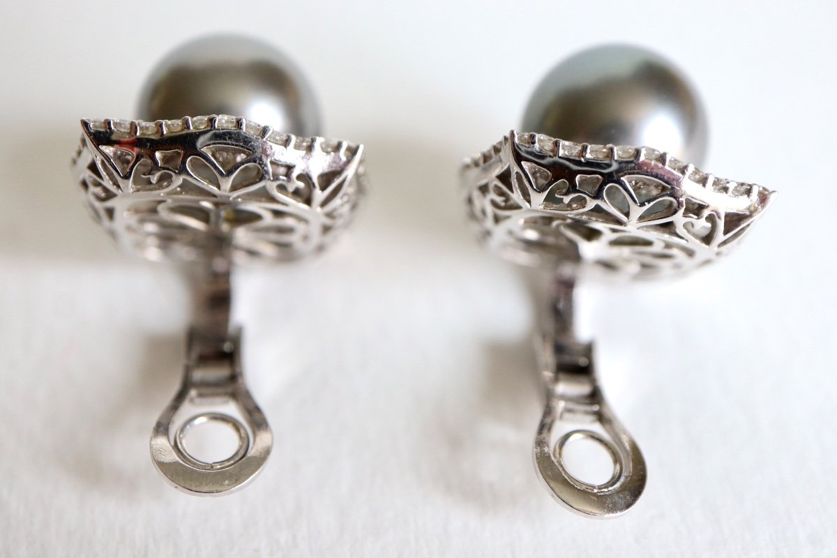 18k White Gold Grey Pearl Diamond Ear Clips-photo-2