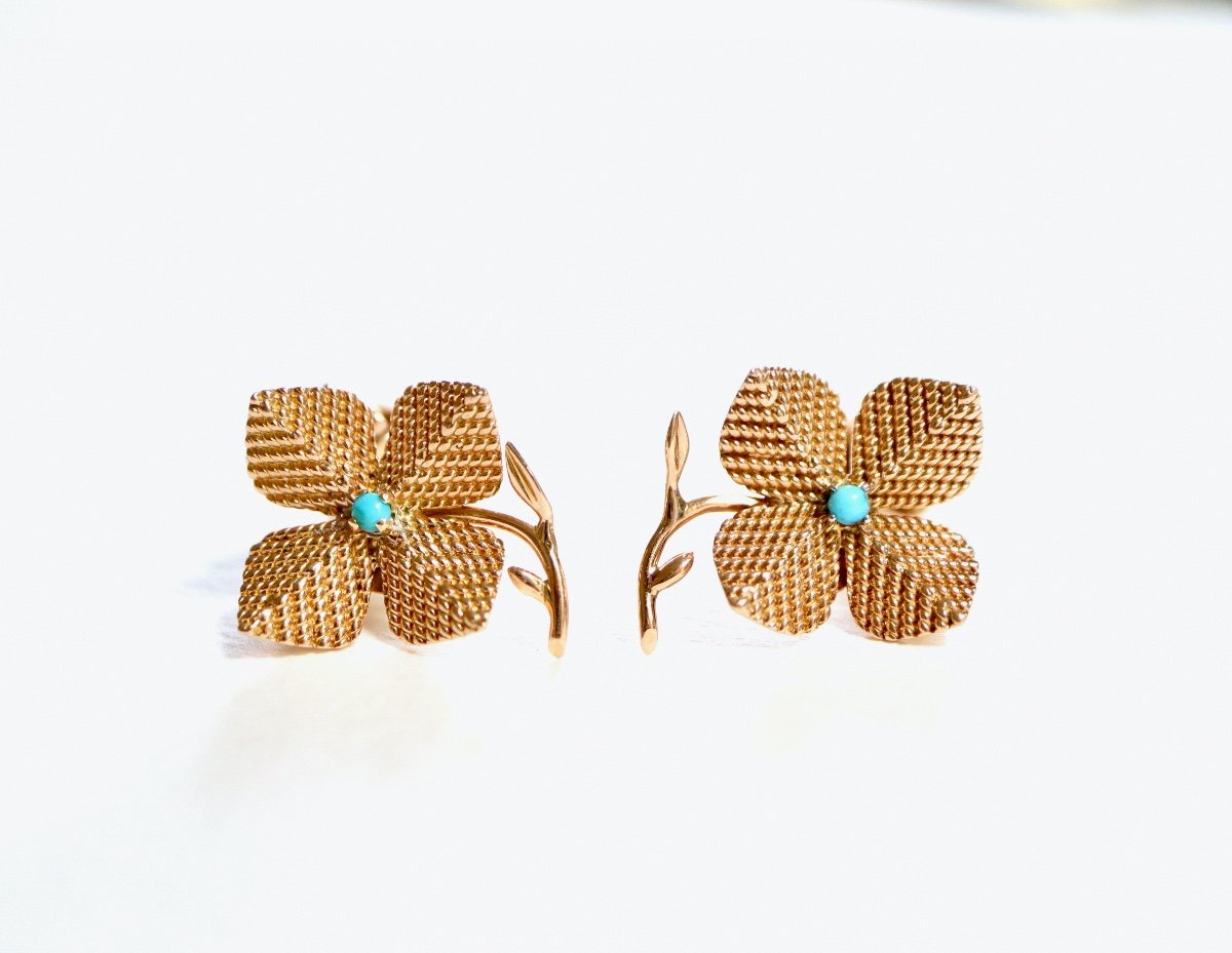 STERLE Boucles D’oreilles Motif Fleur Or Jaune Et Turquoises