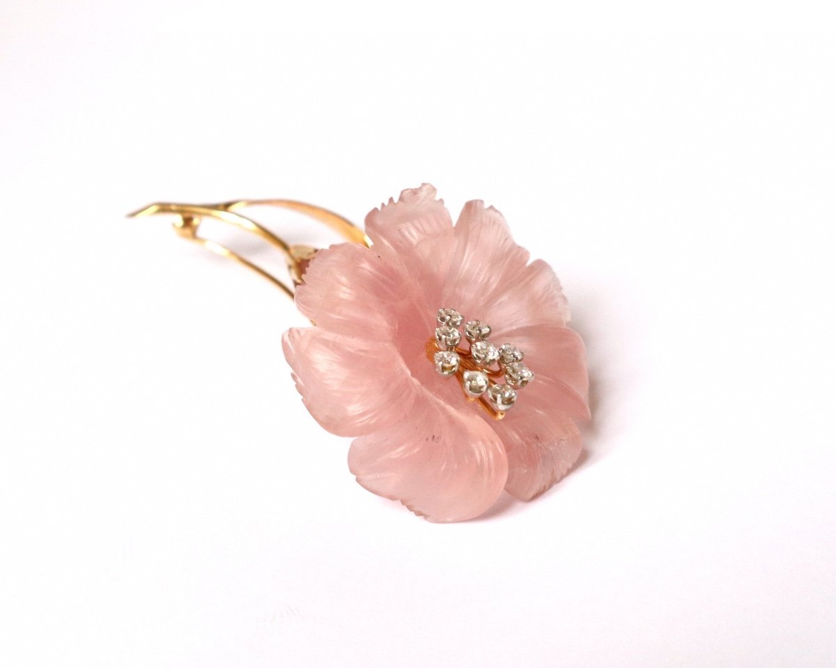 Betettini Broche Liseron En Quartz Rose, Diamants Et Or Jaune 18 Kt-photo-2