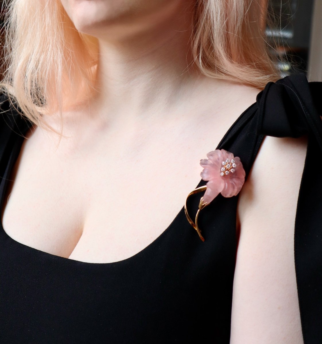 Betettini Broche Liseron En Quartz Rose, Diamants Et Or Jaune 18 Kt-photo-4