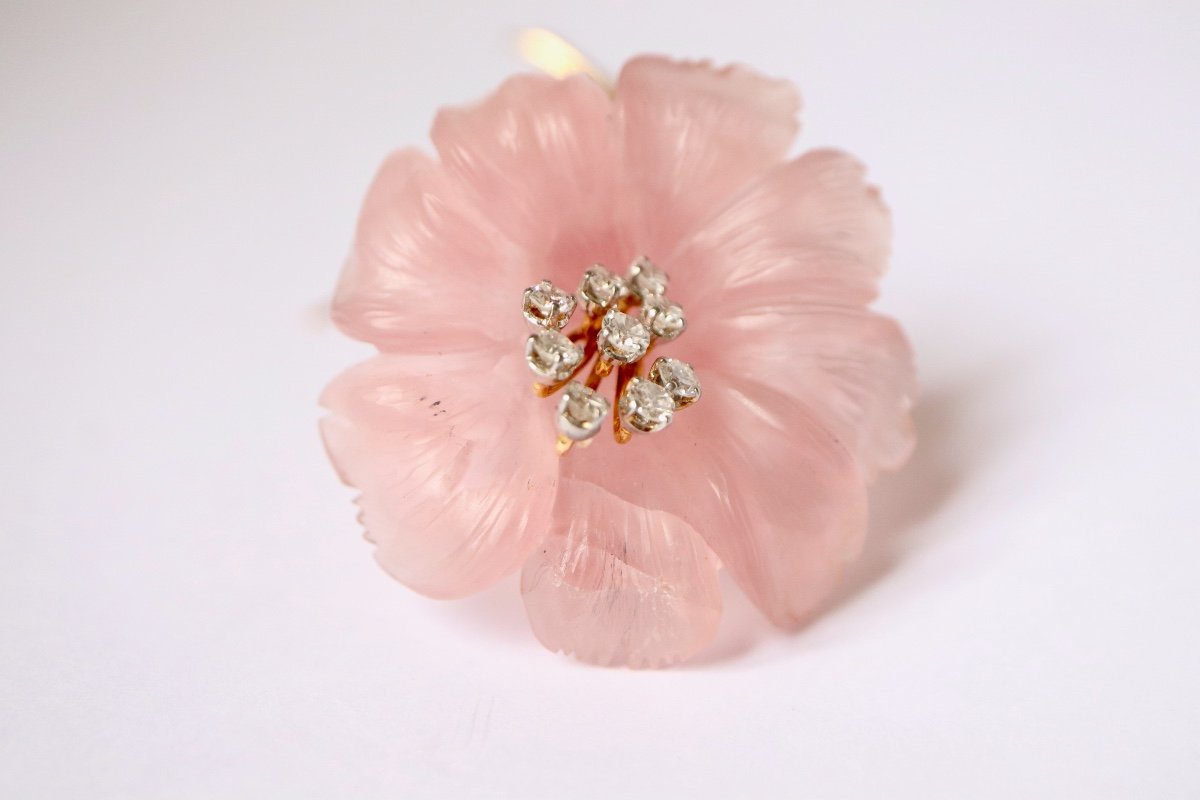 Betettini Broche Liseron En Quartz Rose, Diamants Et Or Jaune 18 Kt-photo-2