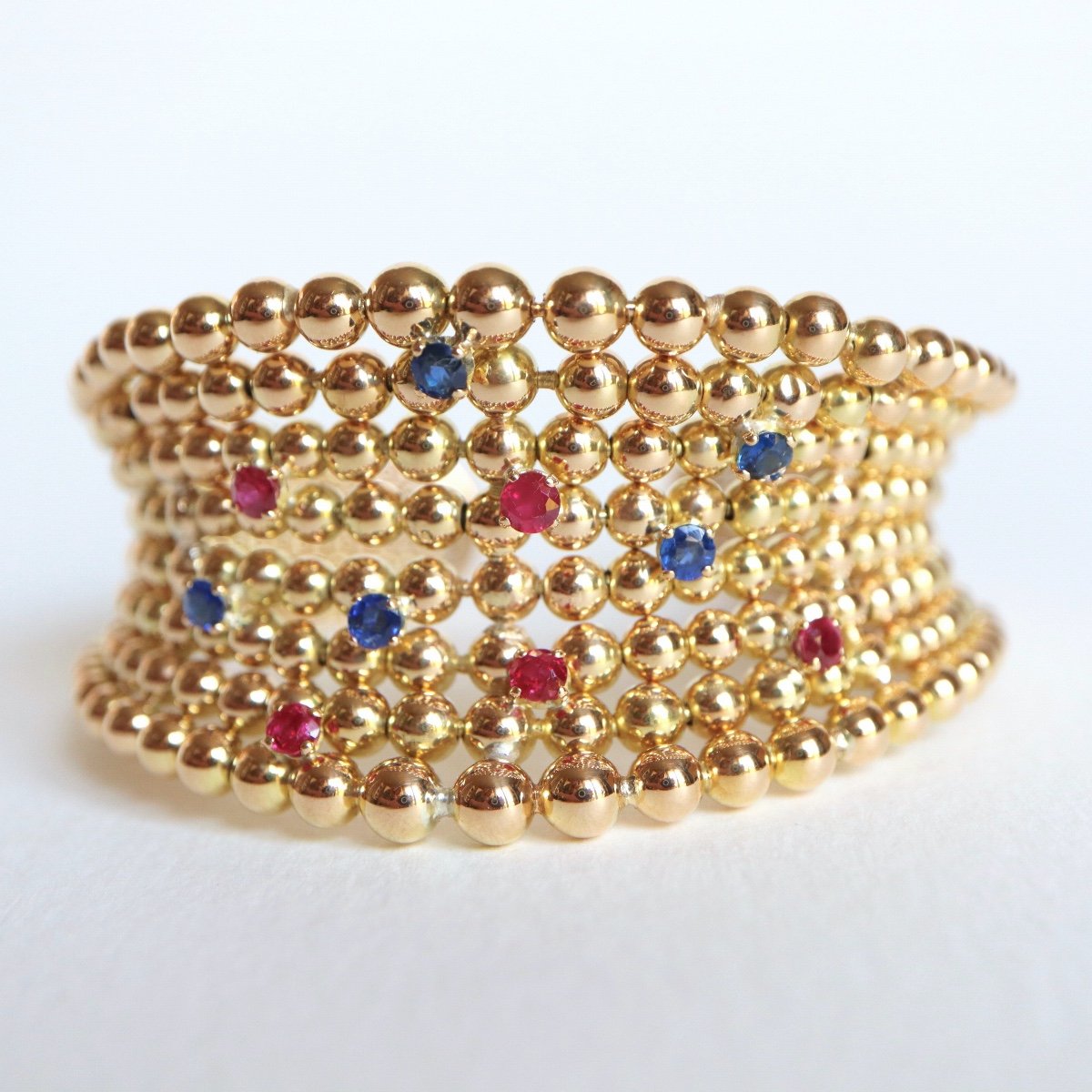 Boucheron Semi-rigid Open Balls Bracelet In 18k Yellow Gold, Sapphires And Rubies-photo-2