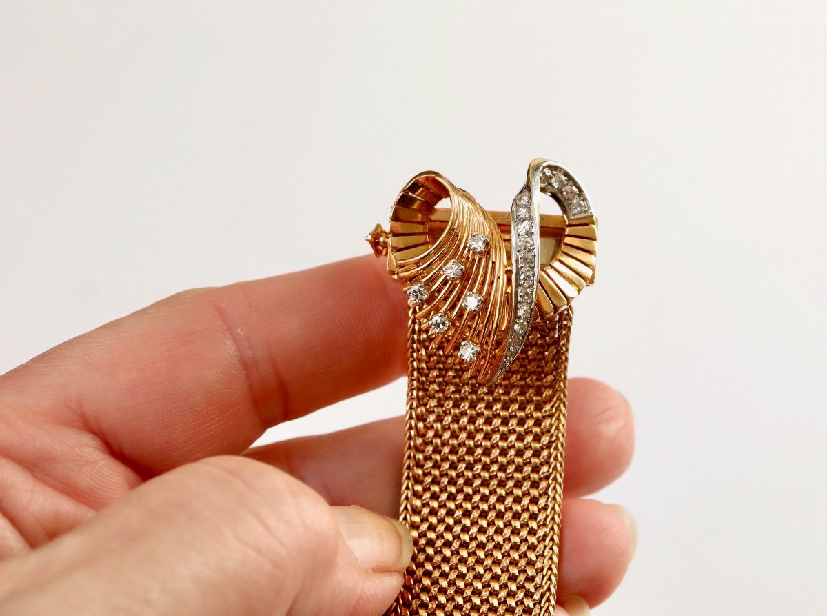 Bracelet ruban Ceinture 1950 Or 18k Et Diamants Bracelet Ancien-photo-1