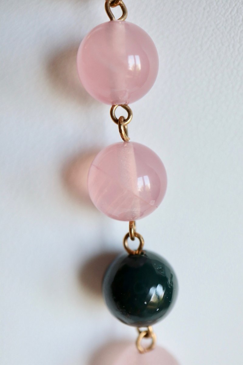 Old Necklace In Rose Quartz And Heliotropes And 18 Kt Yellow Gold-photo-1