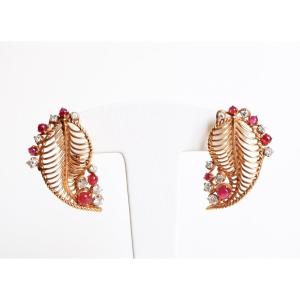 Boucles d'Oreilles Vintage Or 18 Kt Rubis Et Diamants