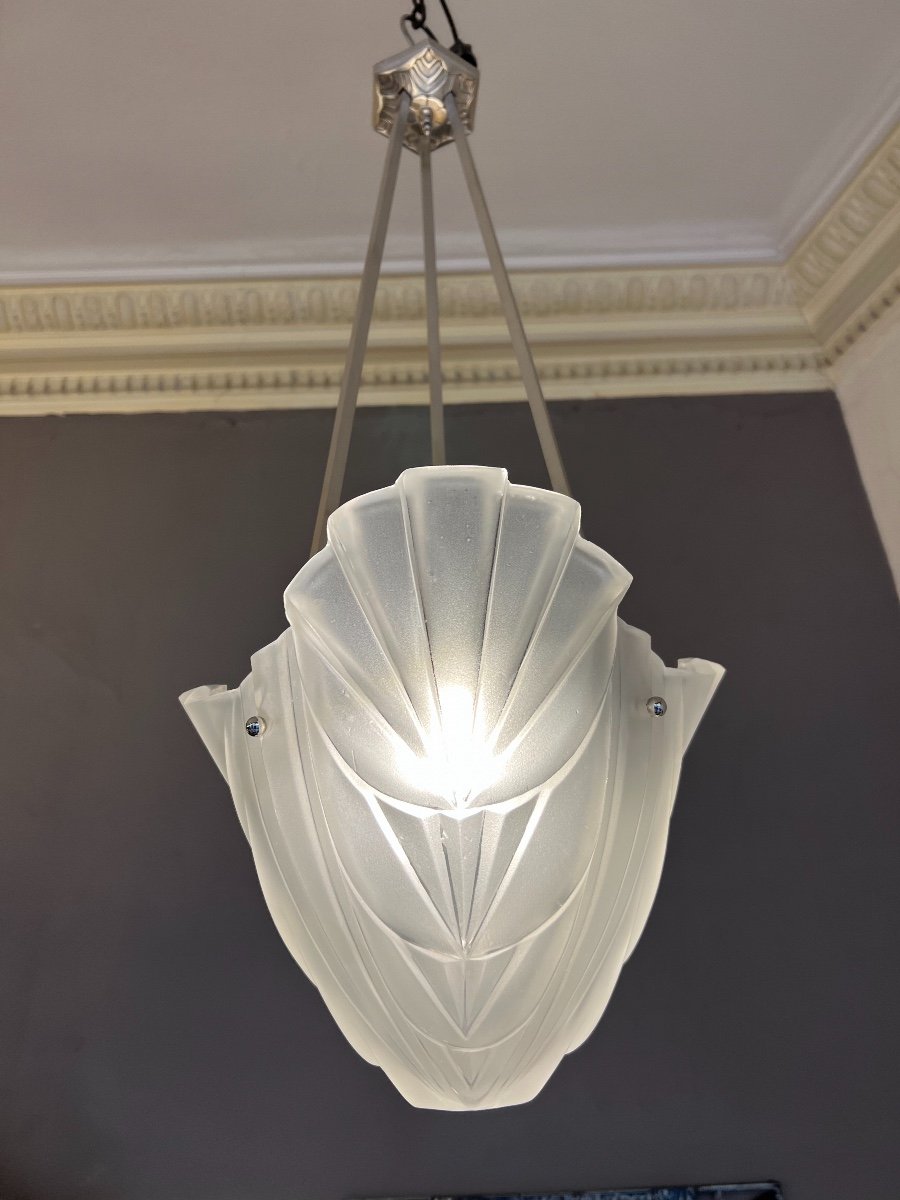 Superb Suspension / Chandelier / Ceiling Lamp Art Deco Signed Degué (art Deco Lamp 1930)-photo-2