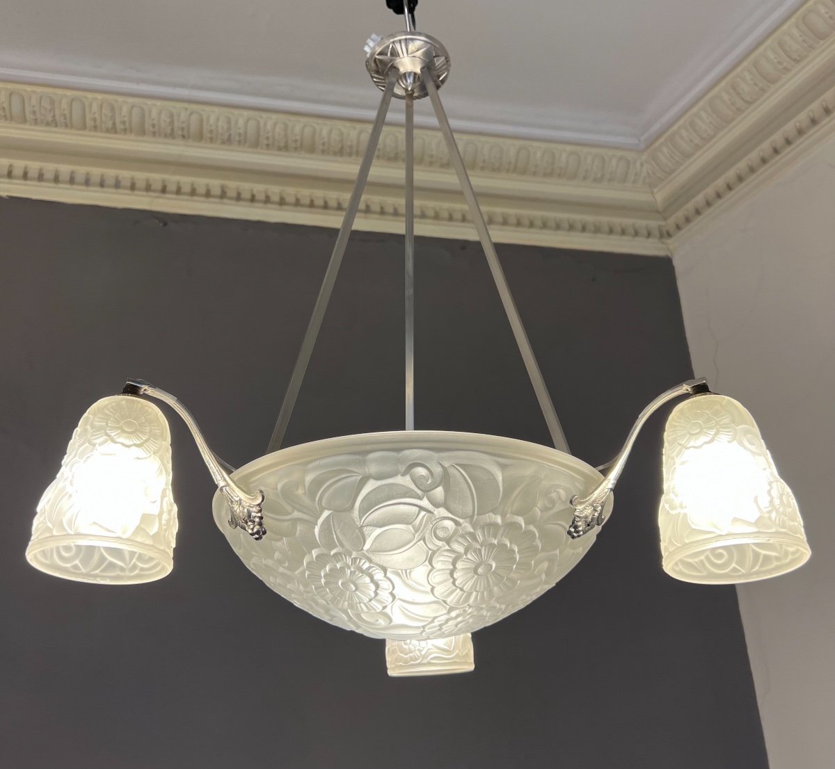 Suspension / Chandelier Art Deco Signed Primaflore France {degué} (ceiling Lamp Art Deco 1930)-photo-2