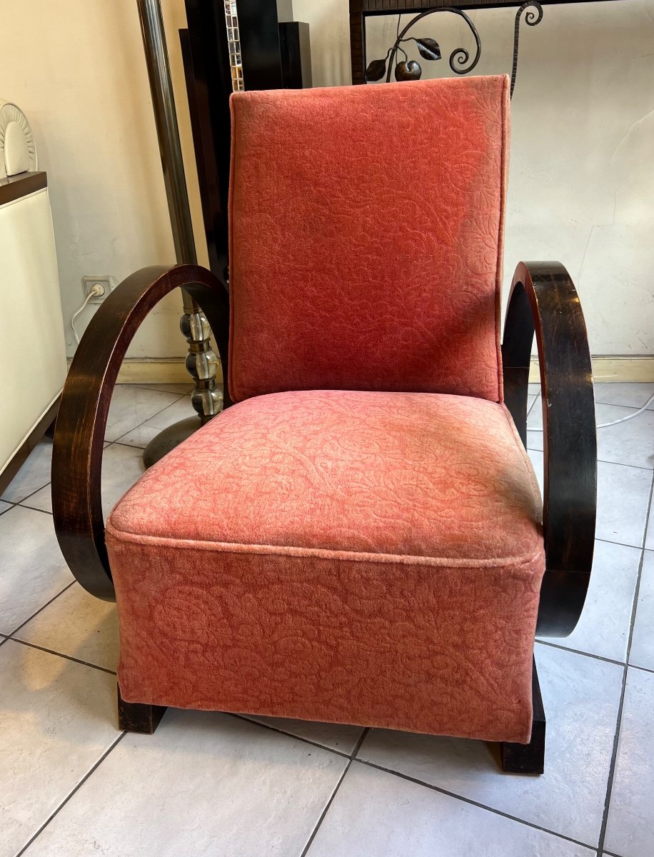 An Art Deco Armchair In Dark Walnut / Velvet Fabric And Almond Armrests (art Deco 1930)-photo-1