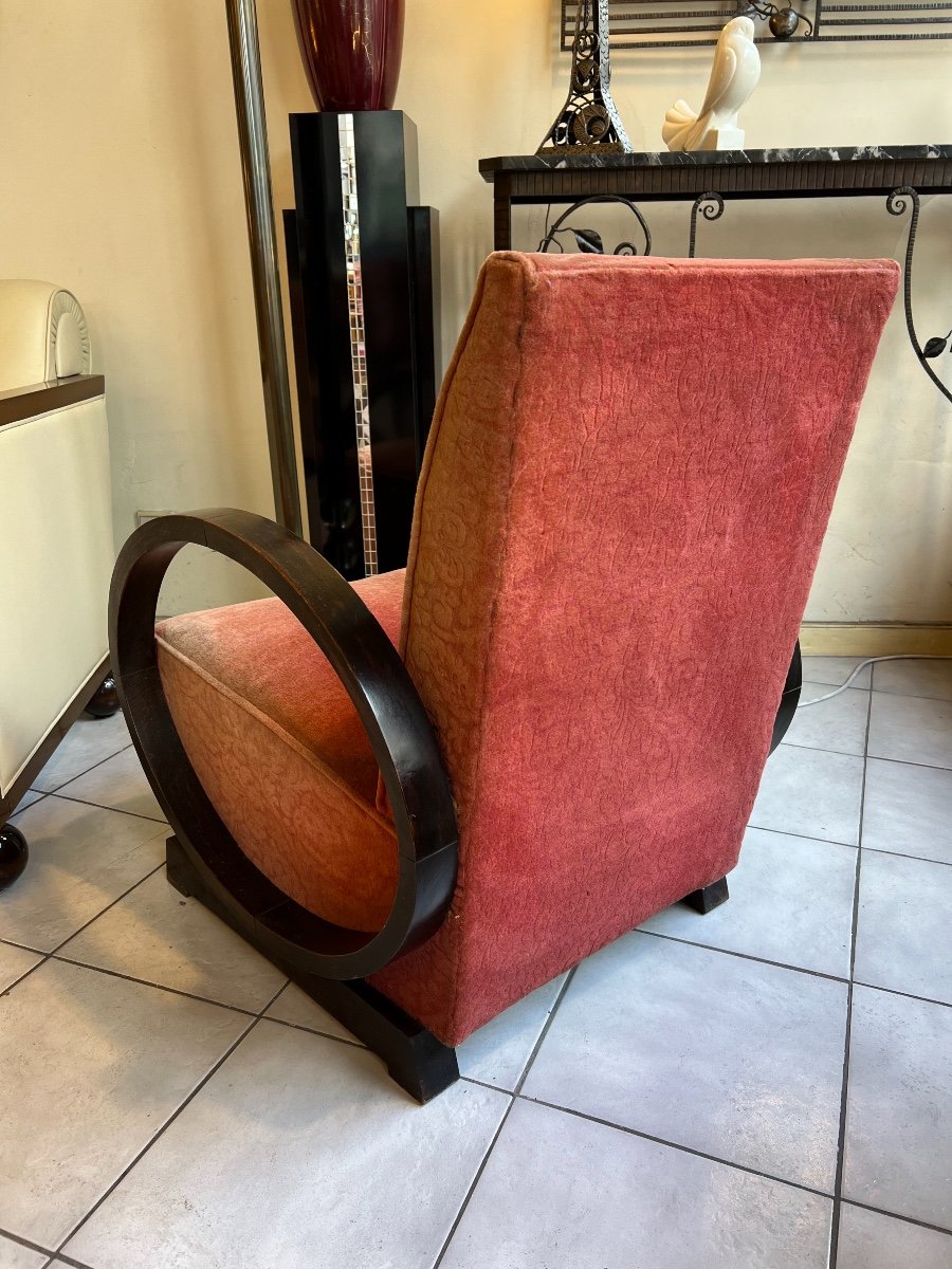 An Art Deco Armchair In Dark Walnut / Velvet Fabric And Almond Armrests (art Deco 1930)-photo-3