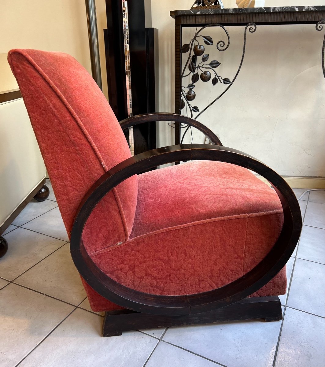 An Art Deco Armchair In Dark Walnut / Velvet Fabric And Almond Armrests (art Deco 1930)-photo-4