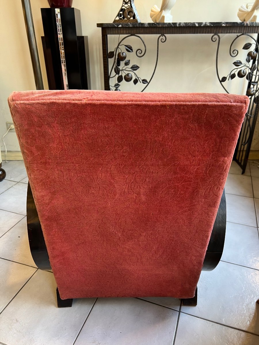 An Art Deco Armchair In Dark Walnut / Velvet Fabric And Almond Armrests (art Deco 1930)-photo-5