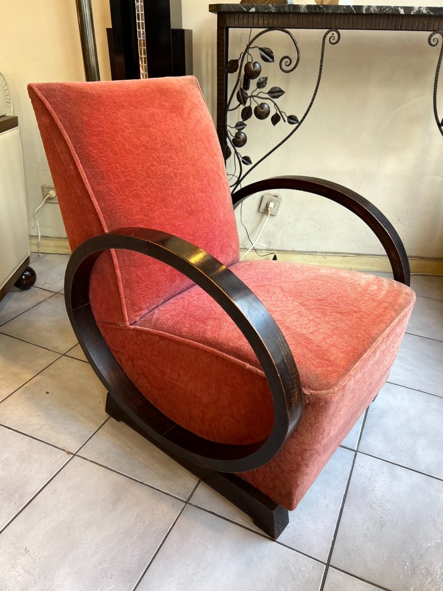 An Art Deco Armchair In Dark Walnut / Velvet Fabric And Almond Armrests (art Deco 1930)-photo-7