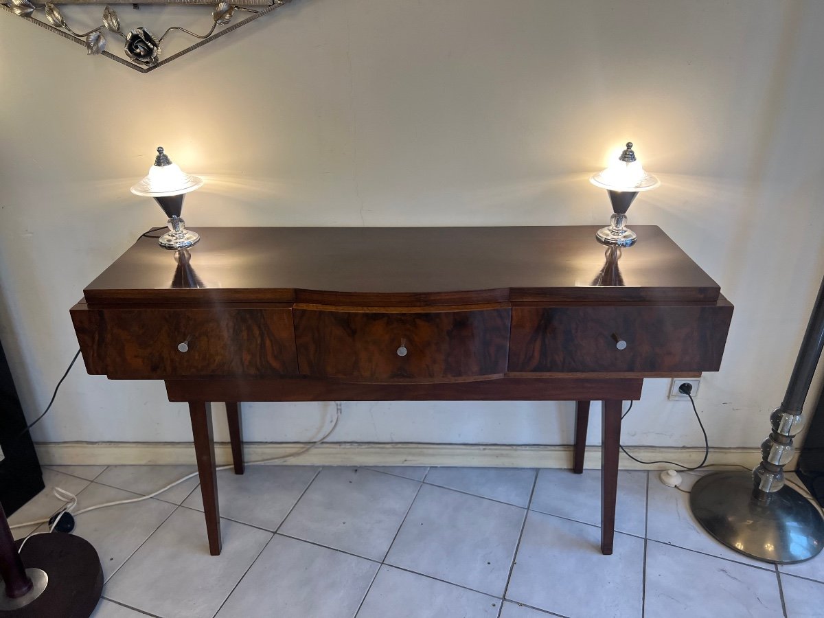 Magnificent Art Deco Console In Polished Flambé Walnut Buffer French Work (art Deco 1930) -photo-2