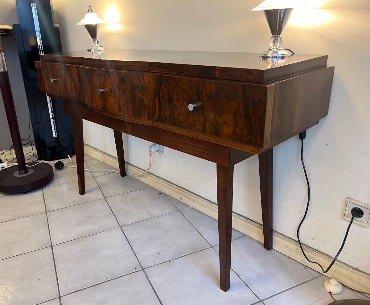 Magnificent Art Deco Console In Polished Flambé Walnut Buffer French Work (art Deco 1930) -photo-3