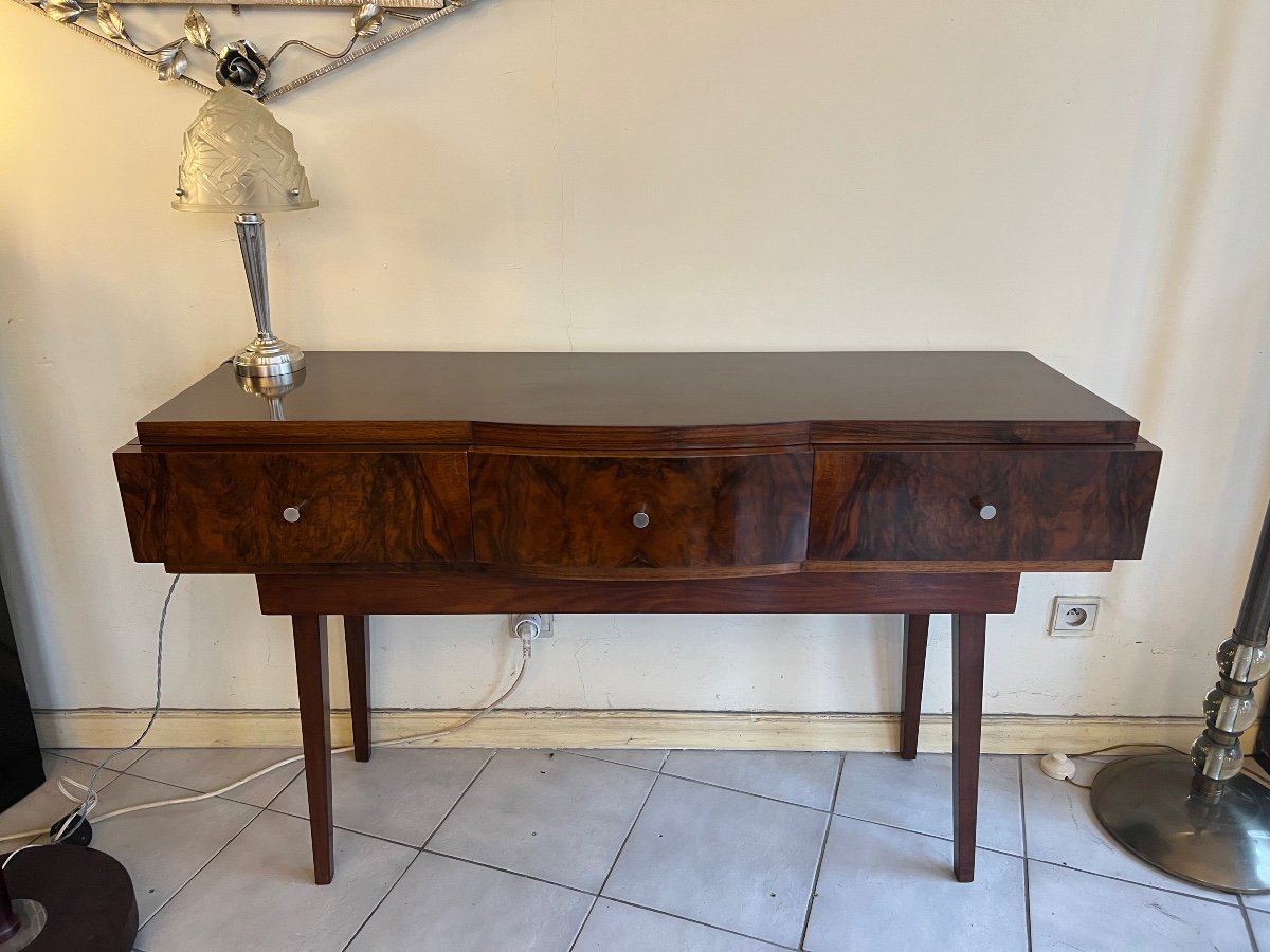 Magnificent Art Deco Console In Polished Flambé Walnut Buffer French Work (art Deco 1930) -photo-4