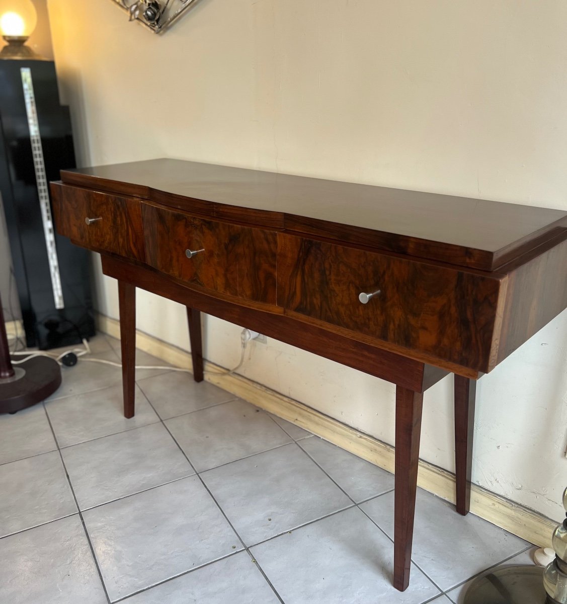 Magnificent Art Deco Console In Polished Flambé Walnut Buffer French Work (art Deco 1930) -photo-1