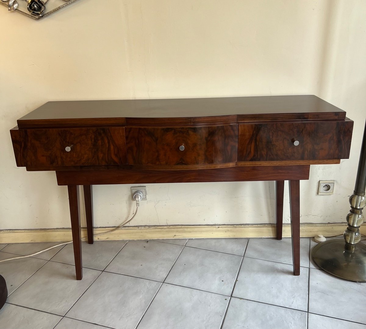 Magnificent Art Deco Console In Polished Flambé Walnut Buffer French Work (art Deco 1930) -photo-2