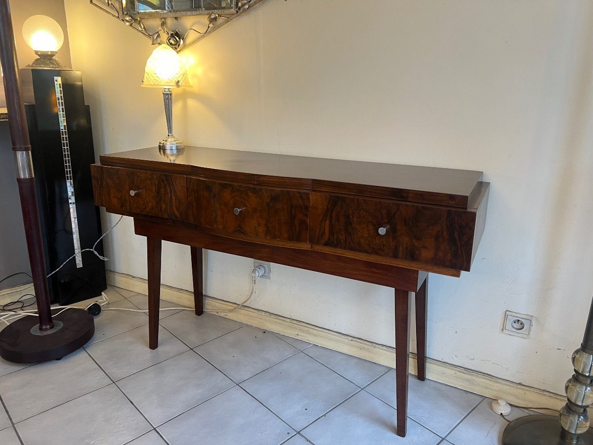 Magnificent Art Deco Console In Polished Flambé Walnut Buffer French Work (art Deco 1930) -photo-8