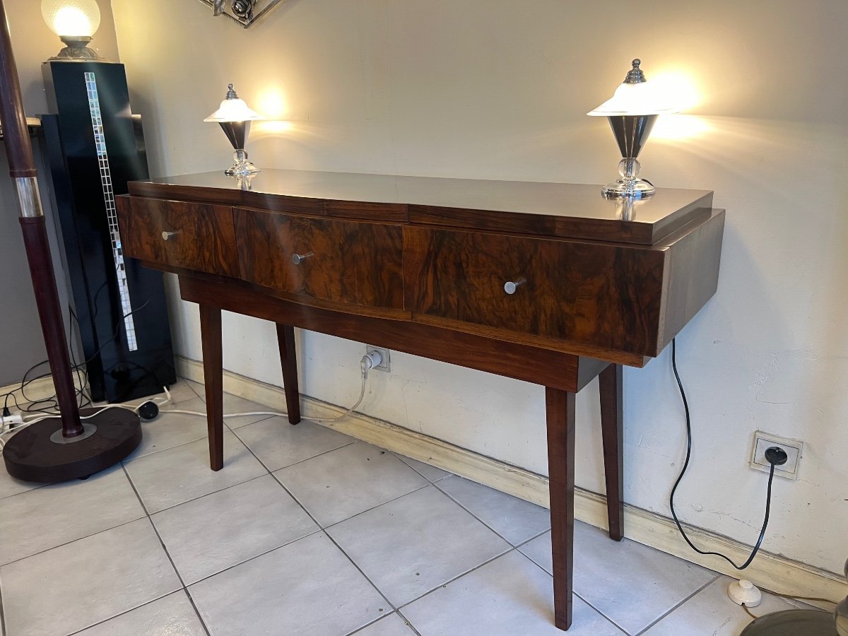 Magnificent Art Deco Console In Polished Flambé Walnut Buffer French Work (art Deco 1930) 