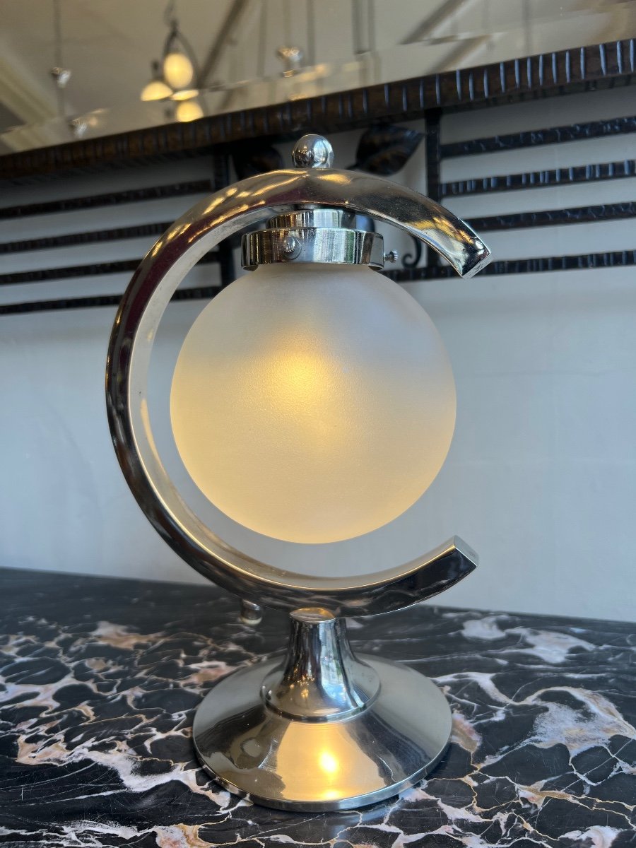 Modernist Art Deco Lamp In Chromed Metal And Frosted Glass (art Deco Lamps 1930 / Lighting) -photo-2