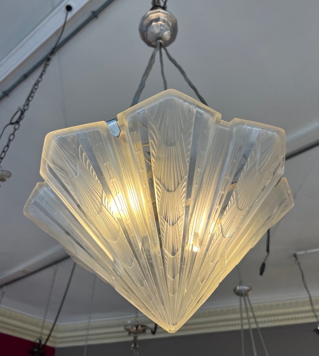 Exceptional Suspension / Ceiling Light (pair Available) Art Deco Signed Hettier & Vincent (1930-photo-1