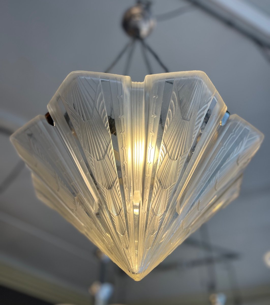 Exceptional Suspension / Ceiling Light (pair Available) Art Deco Signed Hettier & Vincent (1930-photo-4