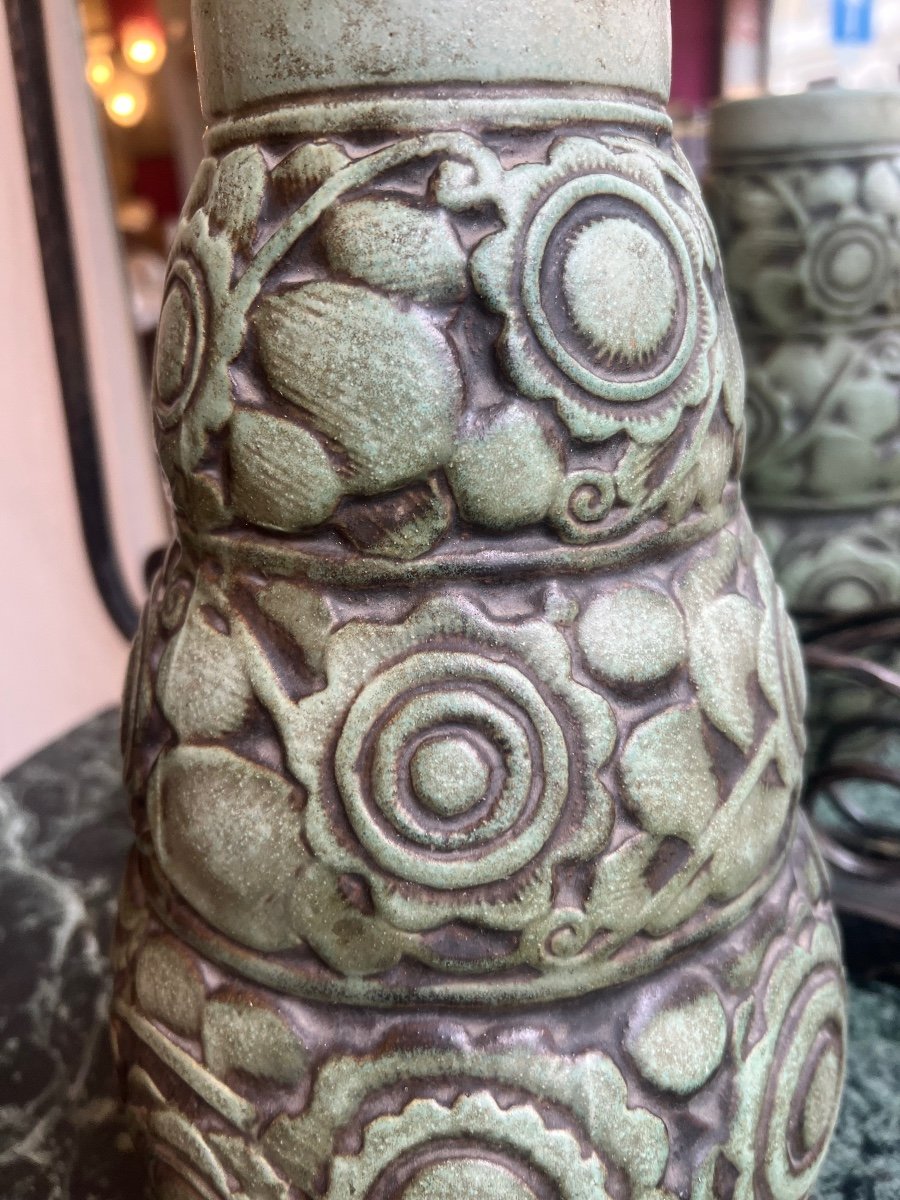 Large Art Deco Stoneware Vase “flower Band” Signed Mougin Nancy And Ventrillon (vase 1930) -photo-7