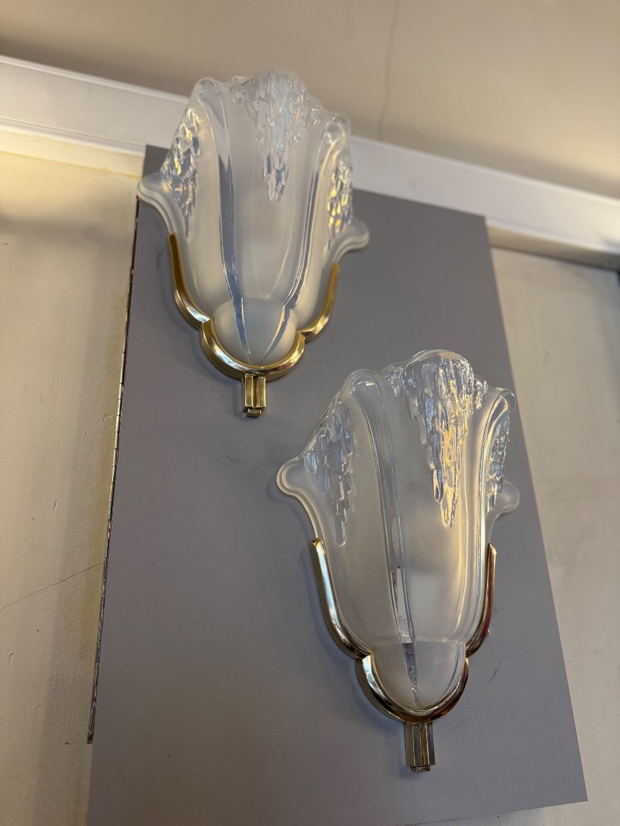 Pair Of Art Deco Wall Lights H. Petitot Signed / In Opalescent Glass And Bronze (art Deco 1930 -photo-6