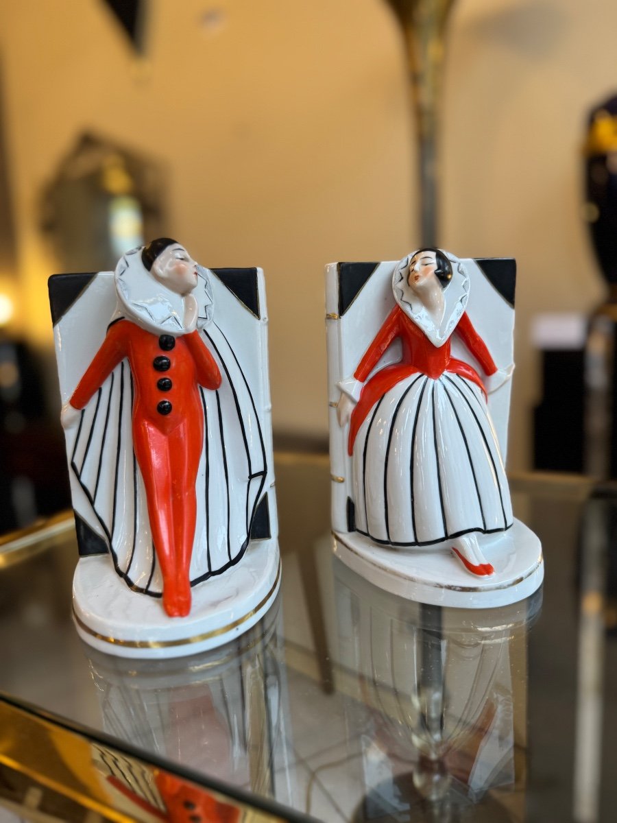 Paire De Serre-livres Art Déco «  Pierrot Et Colombine » En Porcelaine De Limoges ( Deco 1930 )