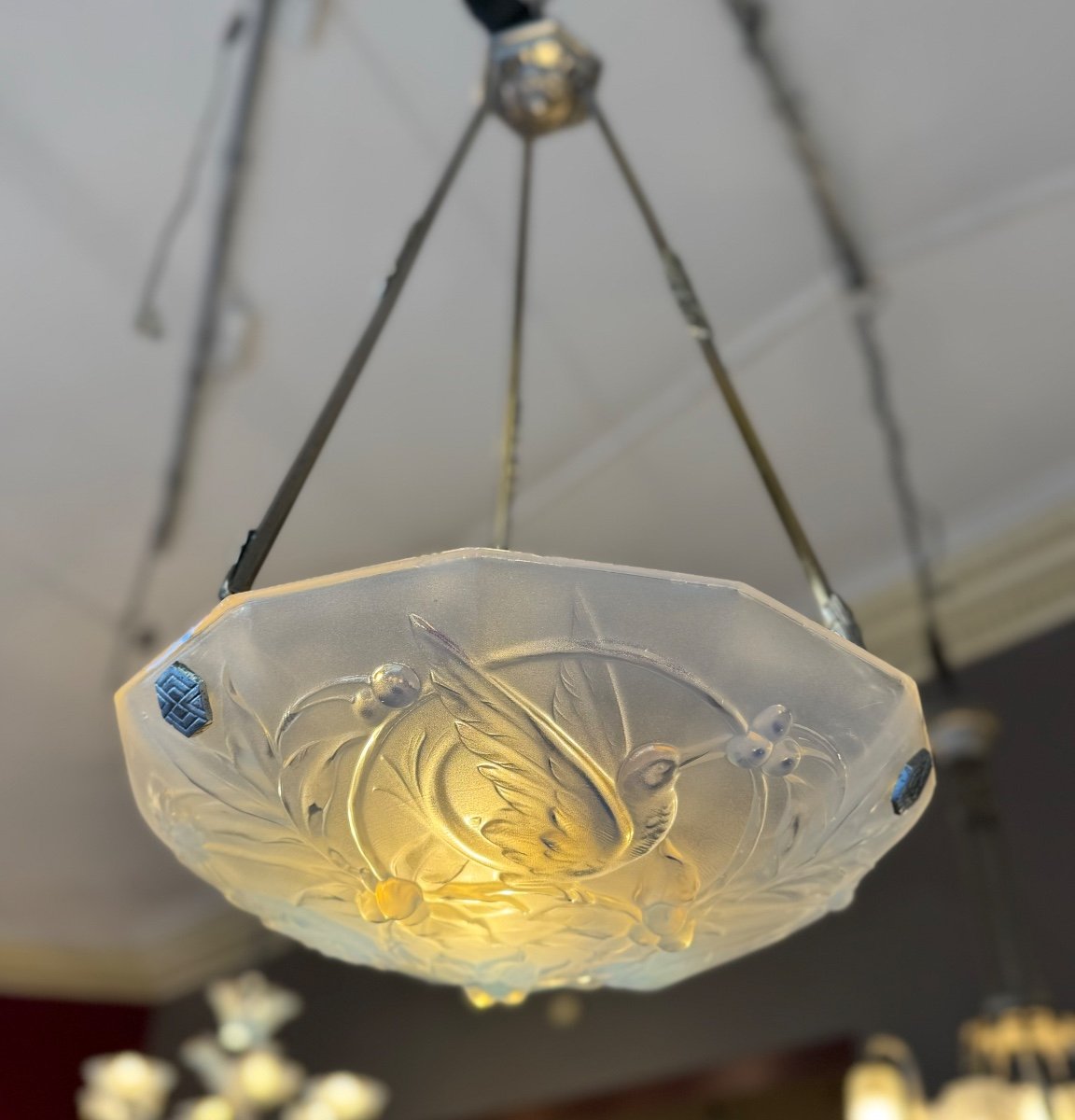 Superbe Suspension / Plafonnier Art Déco Verlys En Verre Opalescent ( Lustre Art Deco 1930 ) -photo-4