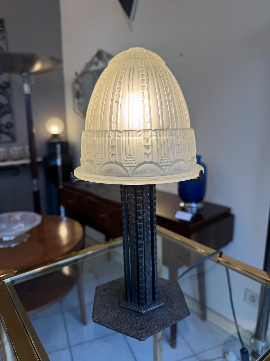 Art Deco Table Lamp Müller Frères Lunéville Signed / Wrought Iron Base (art Deco Lamp 1930 