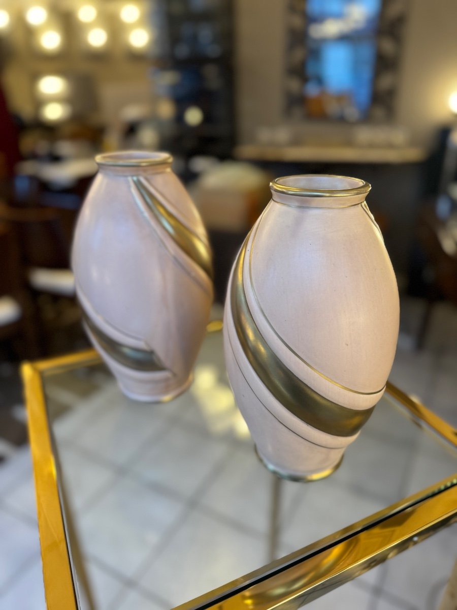 Pair Of Art Deco Odyv Vases Signed / Odette Berlot And Yvonne Mussier (art Deco Vase 1930) -photo-3