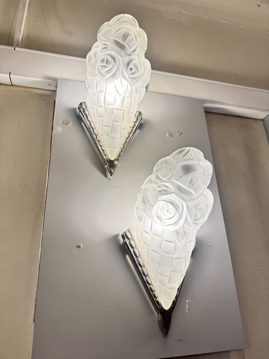 Pair Of Signed Degué “au Bouquet Fleuri” Art Deco Wall Lights (art Deco Wall Light 1930) -photo-2