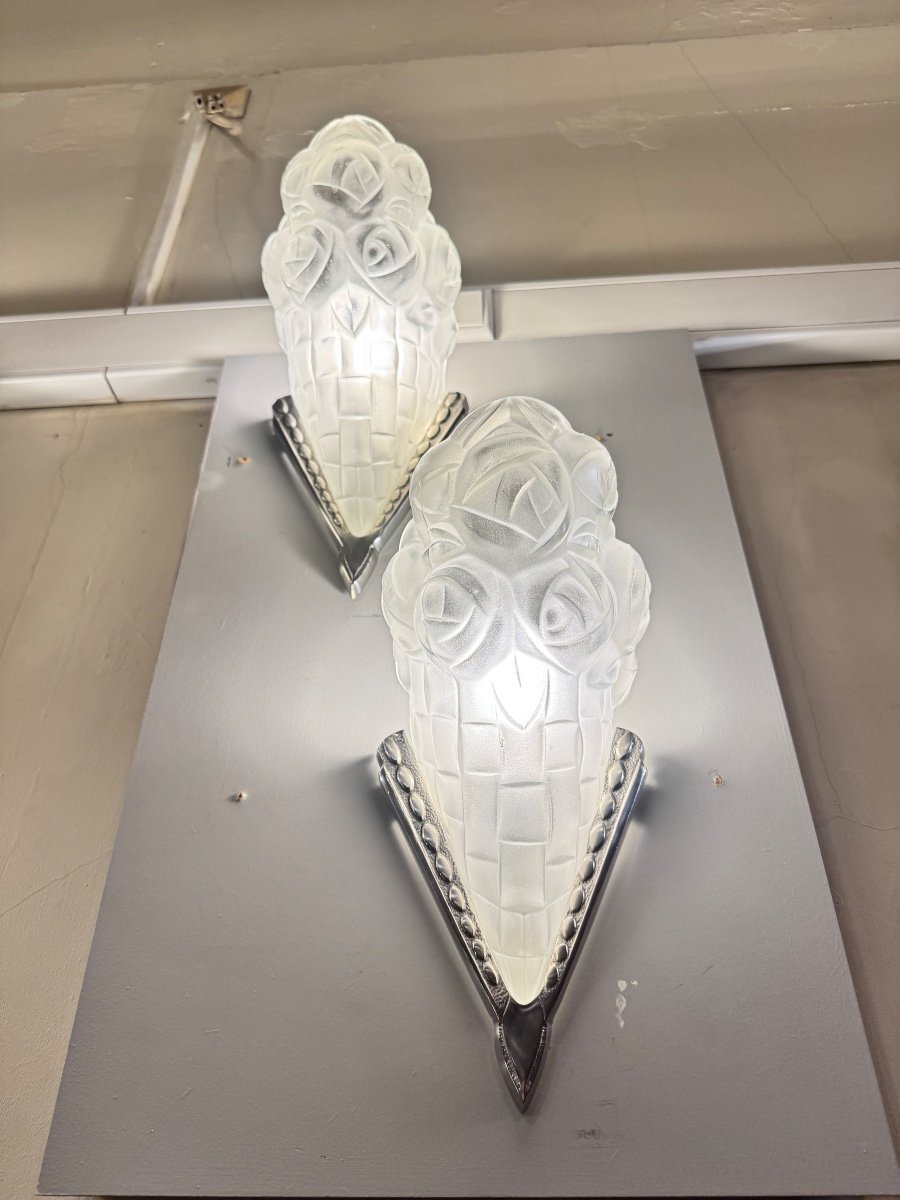 Pair Of Signed Degué “au Bouquet Fleuri” Art Deco Wall Lights (art Deco Wall Light 1930) -photo-3