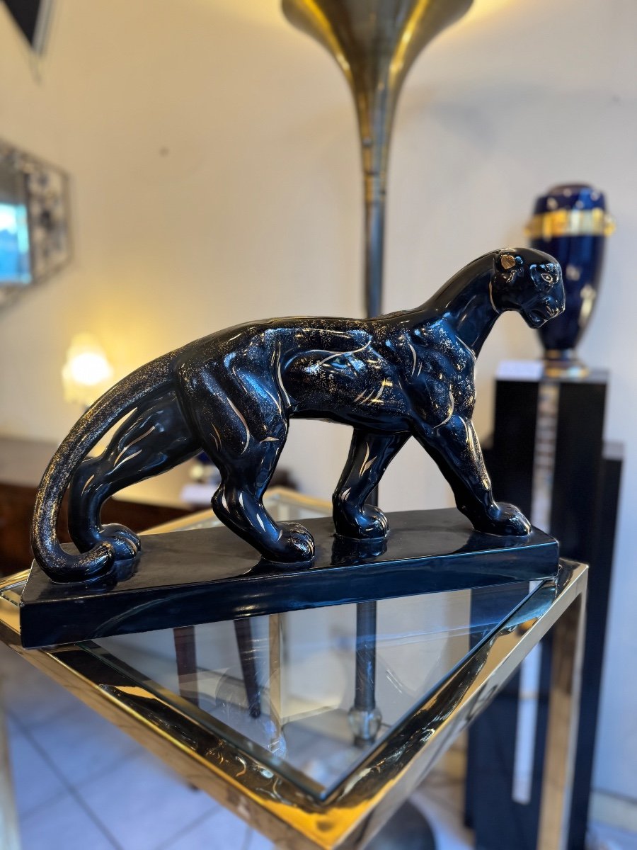  Art Deco Ceramic “panther On The March” Manufacture Saint-clément Signed (art Deco 1930) -photo-3