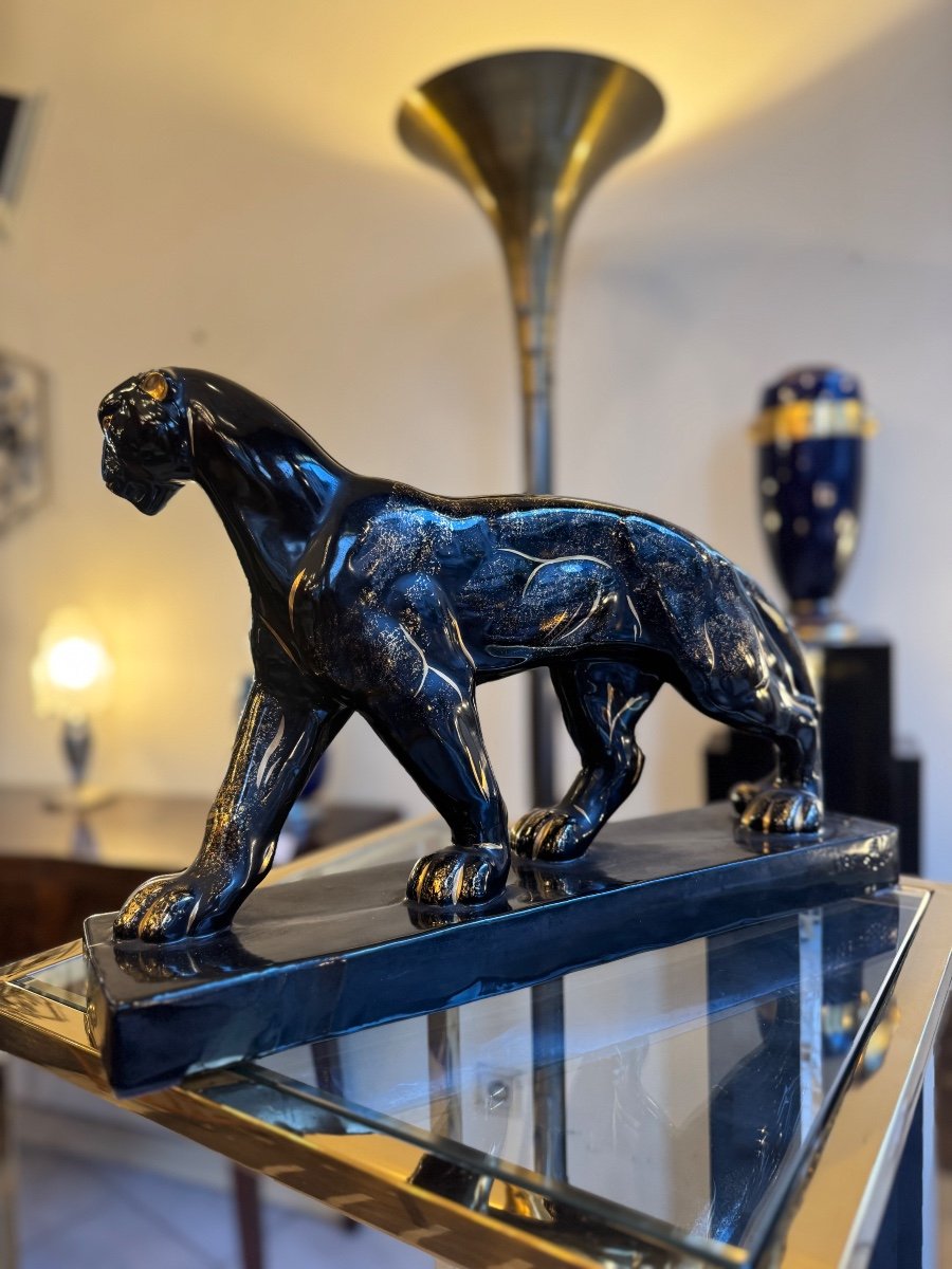  Art Deco Ceramic “panther On The March” Manufacture Saint-clément Signed (art Deco 1930) -photo-4