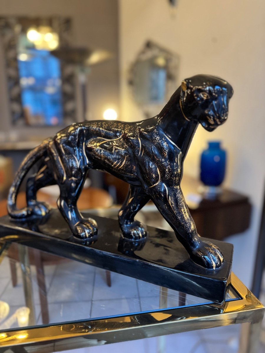  Art Deco Ceramic “panther On The March” Manufacture Saint-clément Signed (art Deco 1930) -photo-1