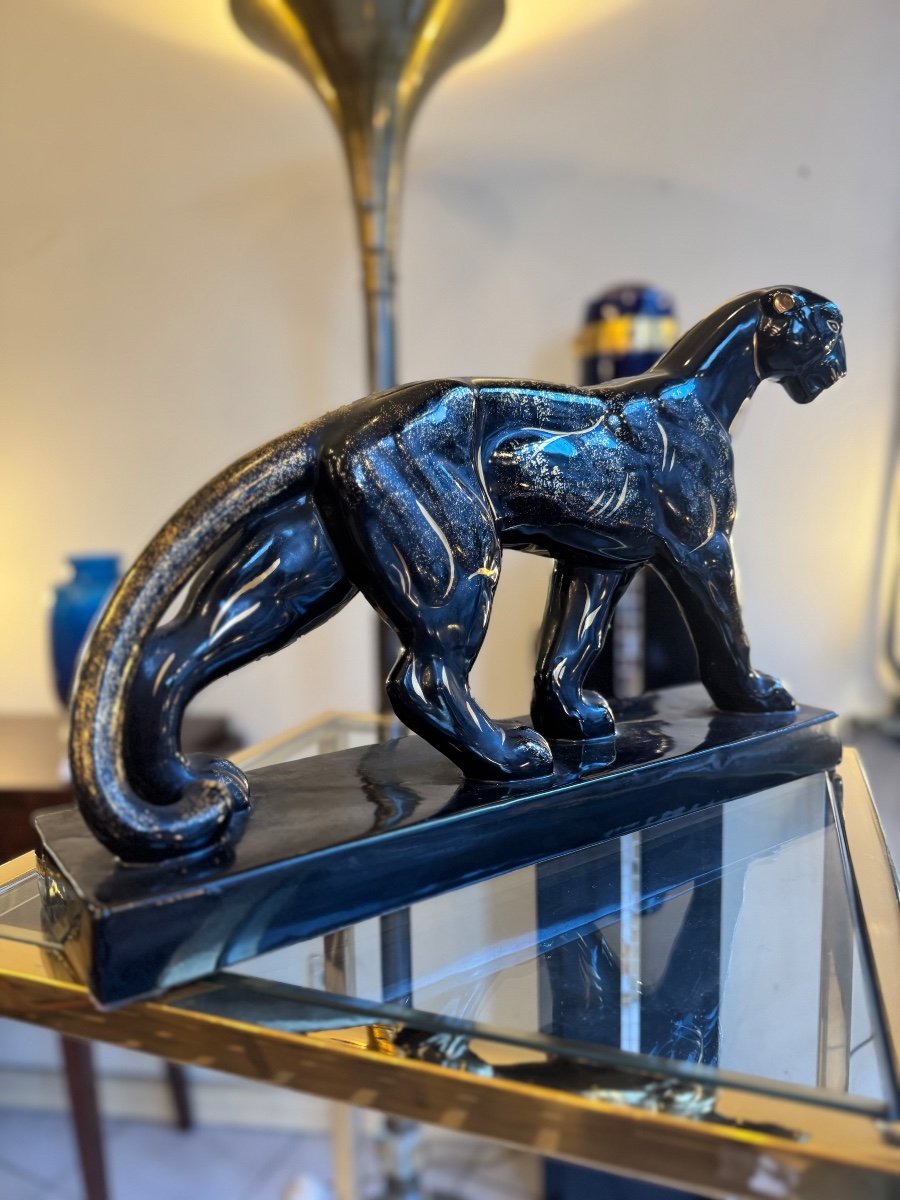  Art Deco Ceramic “panther On The March” Manufacture Saint-clément Signed (art Deco 1930) -photo-4