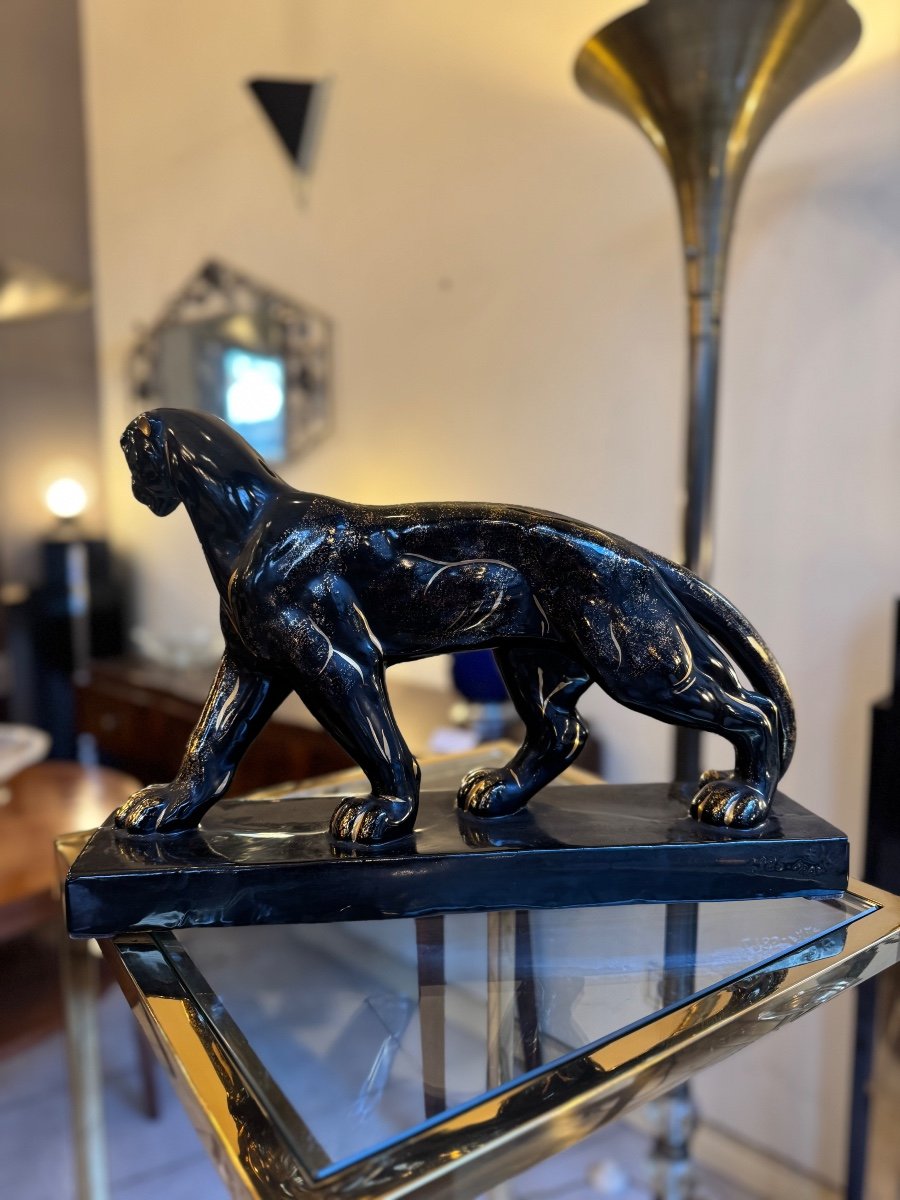  Art Deco Ceramic “panther On The March” Manufacture Saint-clément Signed (art Deco 1930) -photo-5