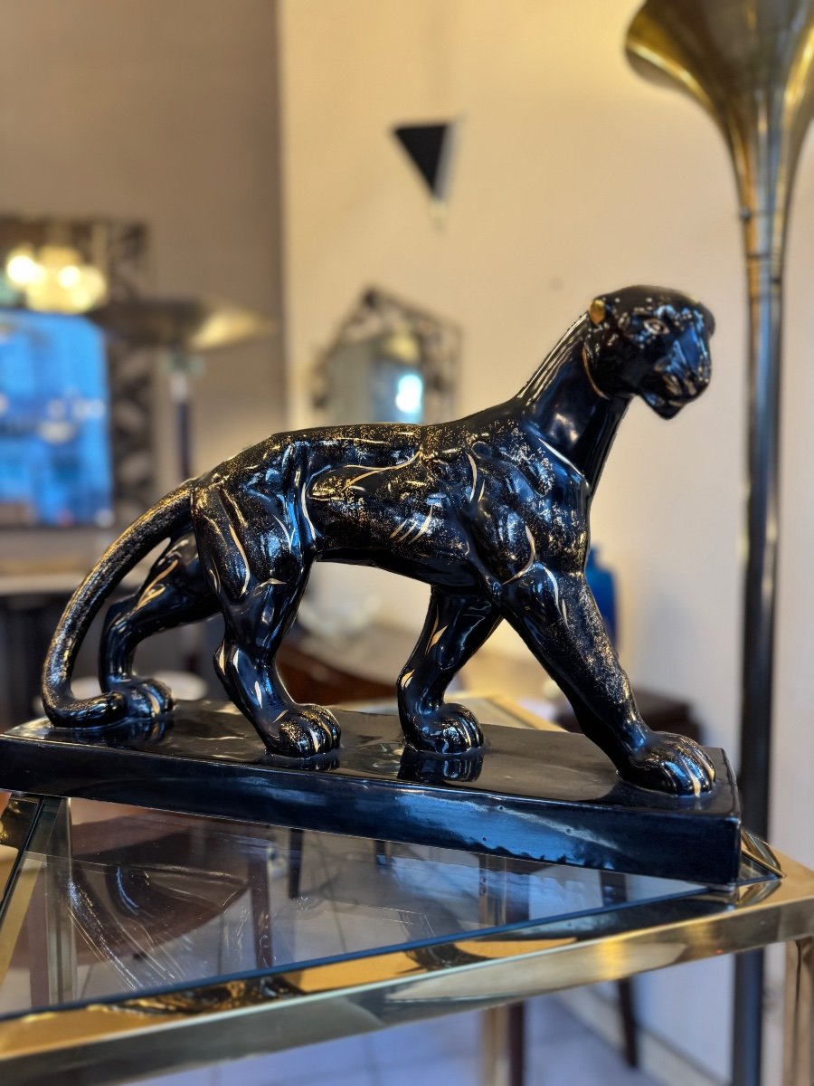  Art Deco Ceramic “panther On The March” Manufacture Saint-clément Signed (art Deco 1930) -photo-8