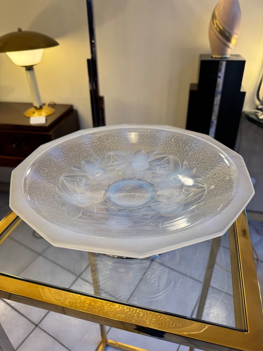 Art Deco Centerpiece / Pocket Tray In Opalescent Pressed Molded Glass And Chrome Base (1930) -photo-2