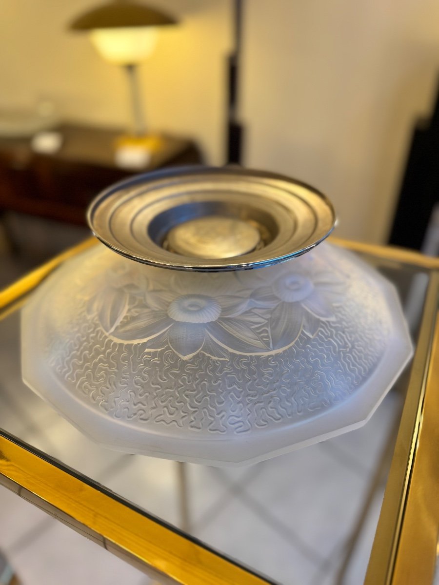 Art Deco Centerpiece / Pocket Tray In Opalescent Pressed Molded Glass And Chrome Base (1930) -photo-5