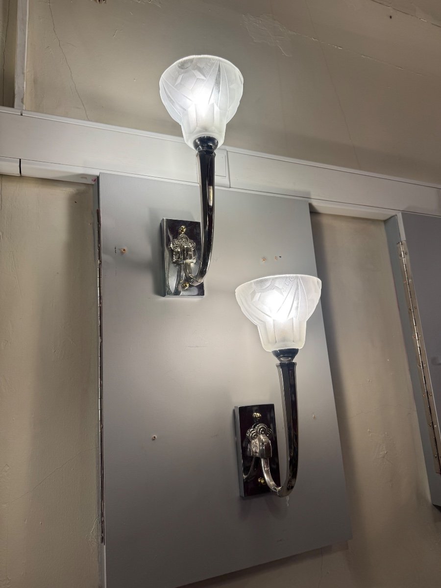 Pair Of Art Deco Wall Lights, “flambeau” Model, Signed Degué (art Deco Wall Light 1930) -photo-4