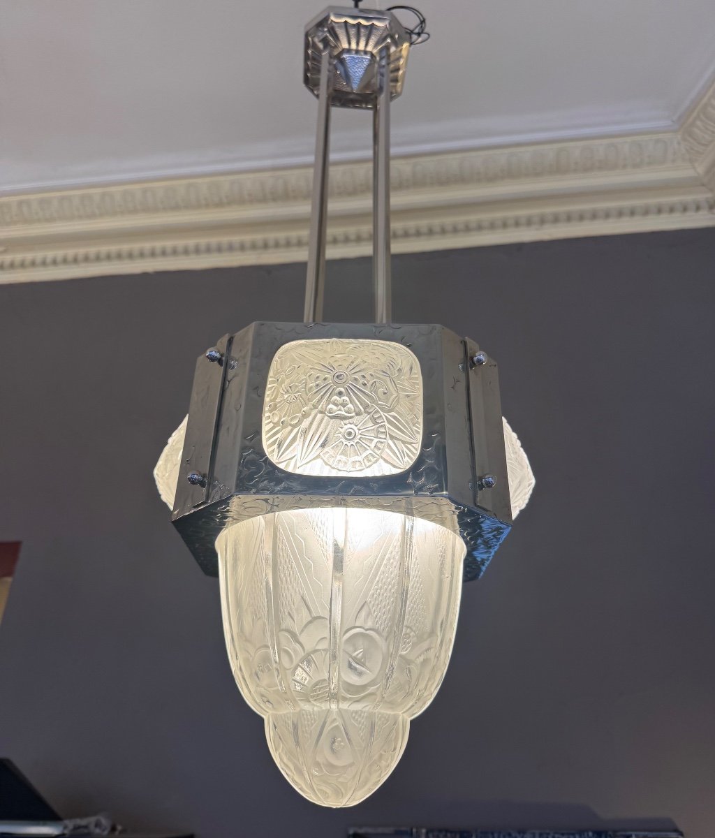 Art Deco Pendant / Ceiling Light / Chandelier Signed Hettier & Vincent / Nickel-plated Bronze (deco 1930 -photo-2