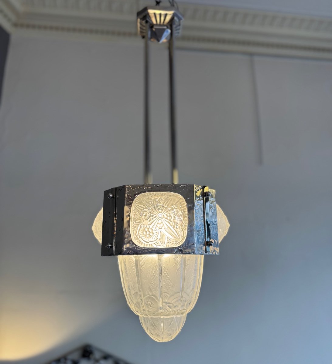 Art Deco Pendant / Ceiling Light / Chandelier Signed Hettier & Vincent / Nickel-plated Bronze (deco 1930 -photo-3