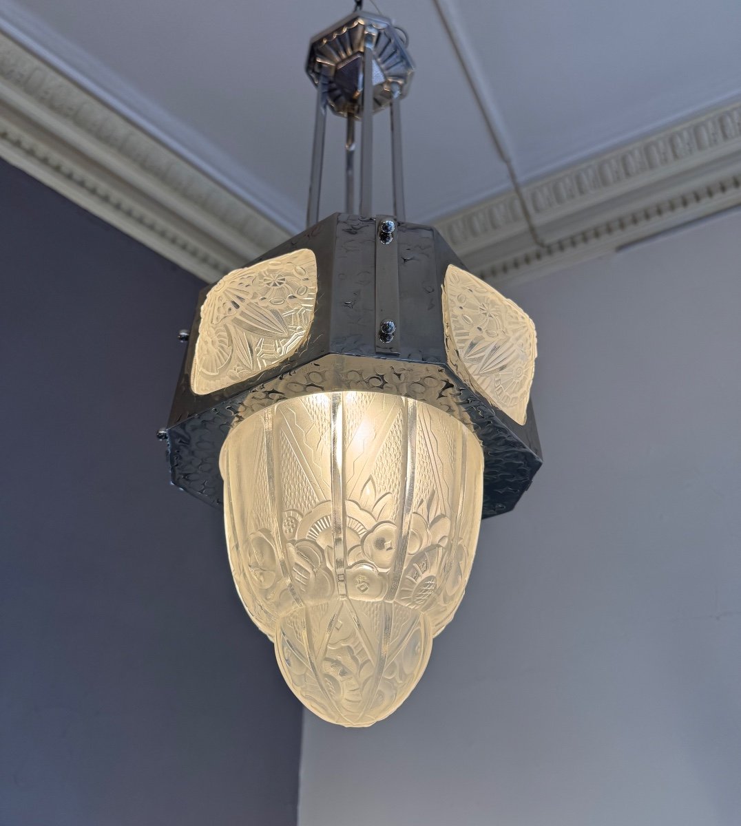 Art Deco Pendant / Ceiling Light / Chandelier Signed Hettier & Vincent / Nickel-plated Bronze (deco 1930 -photo-4