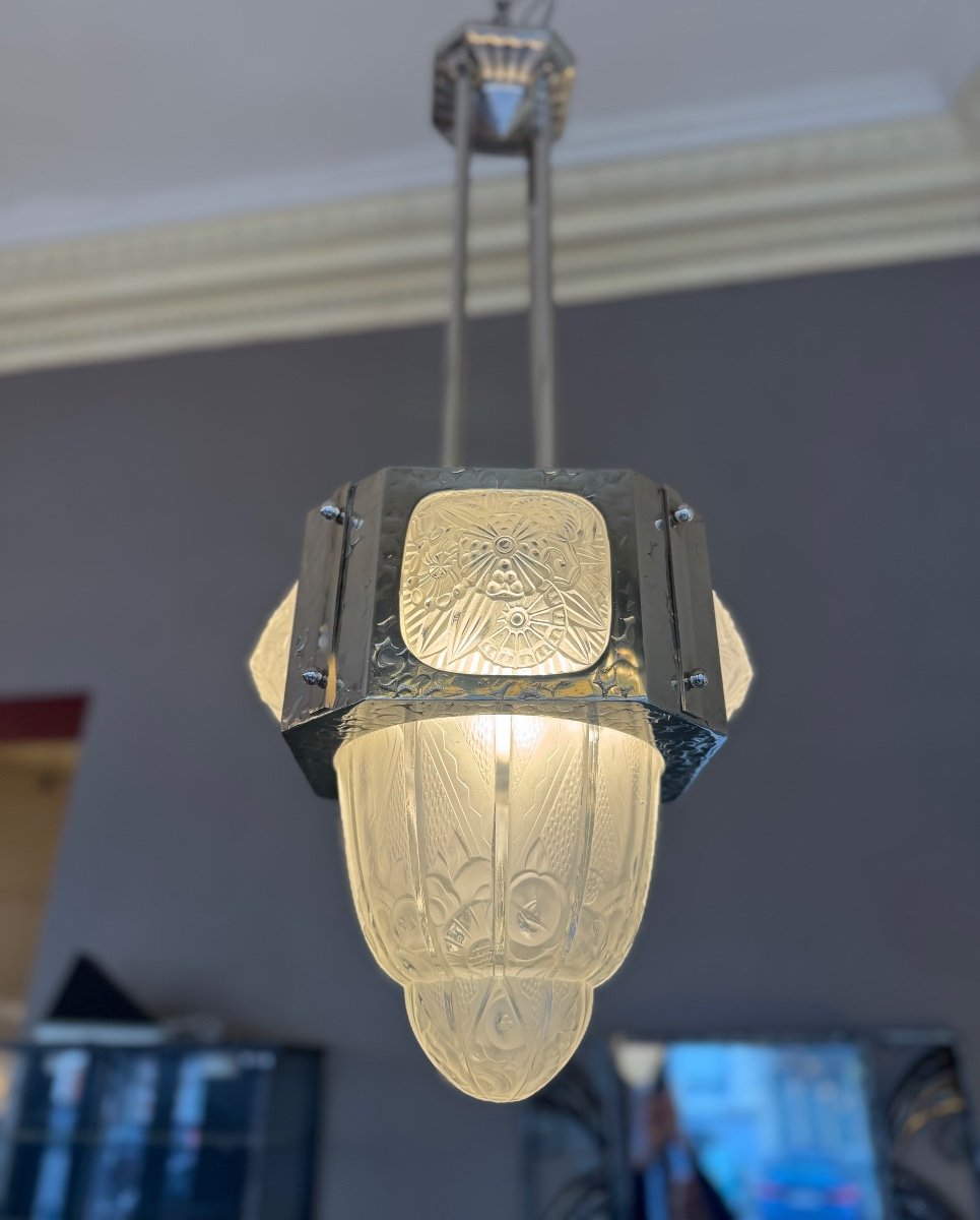 Art Deco Pendant / Ceiling Light / Chandelier Signed Hettier & Vincent / Nickel-plated Bronze (deco 1930 -photo-1