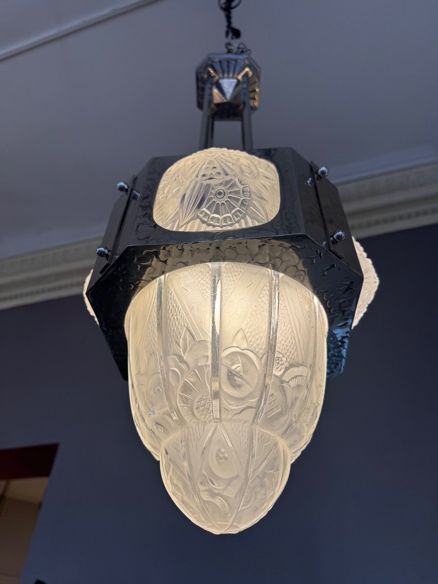 Art Deco Pendant / Ceiling Light / Chandelier Signed Hettier & Vincent / Nickel-plated Bronze (deco 1930 -photo-3